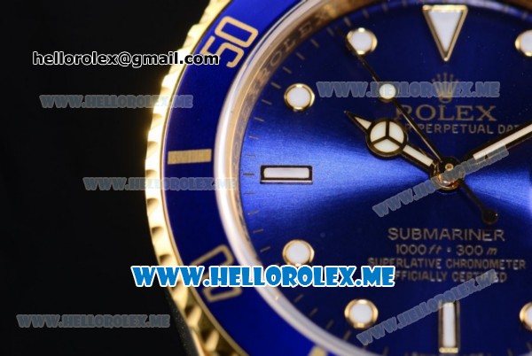 Rolex Submariner Clone Rolex 3135 Automatic Yellow Gold Case/Bracelet with Blue Dial and Dot Markers Blue Bezel (BP) - Click Image to Close